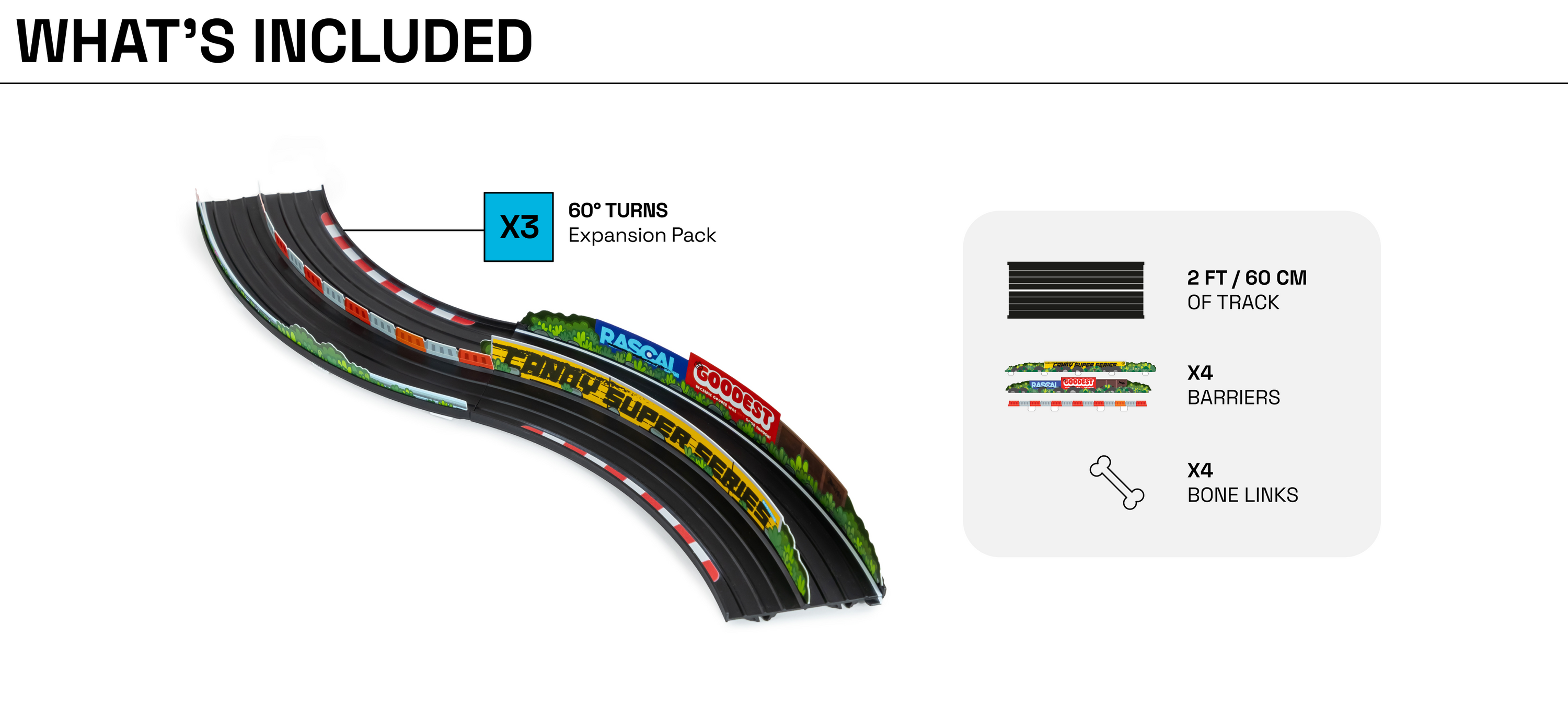 Diagram what's included in 60º Turns Expansion Pack; quantities of inclusions and dimensions of track