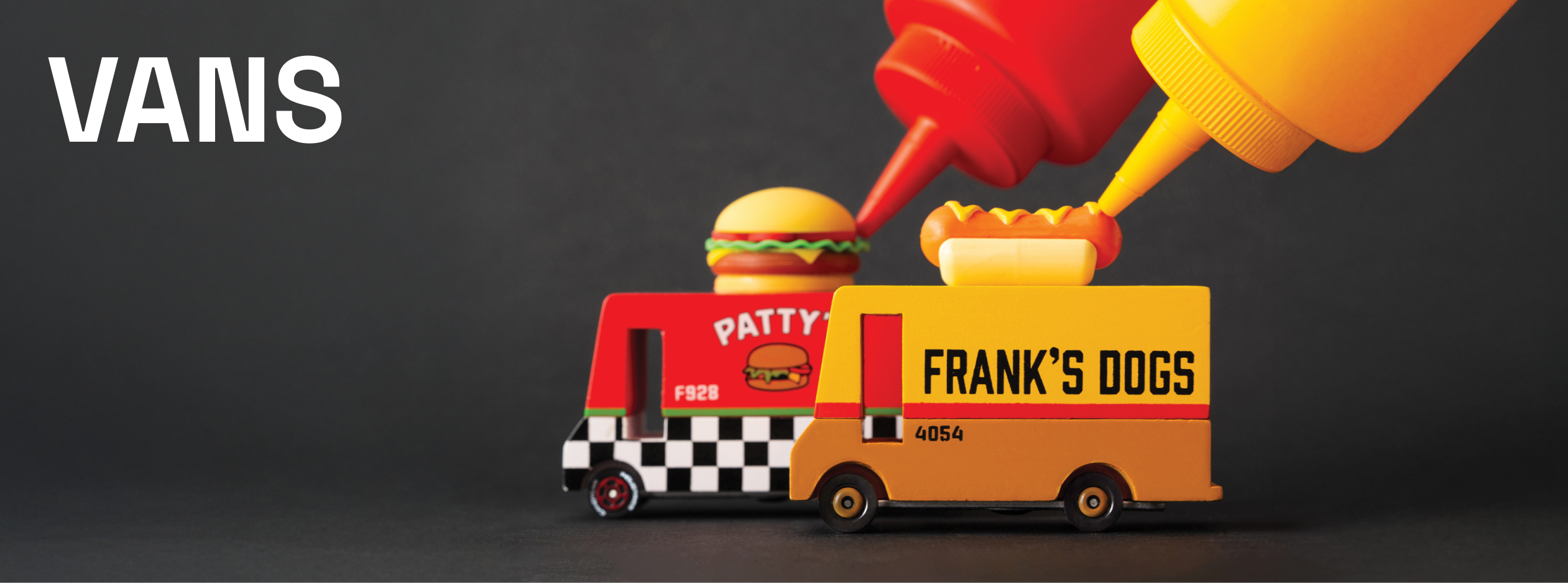 Banner for Candycars, showing Hamburger and Hot Dog vans