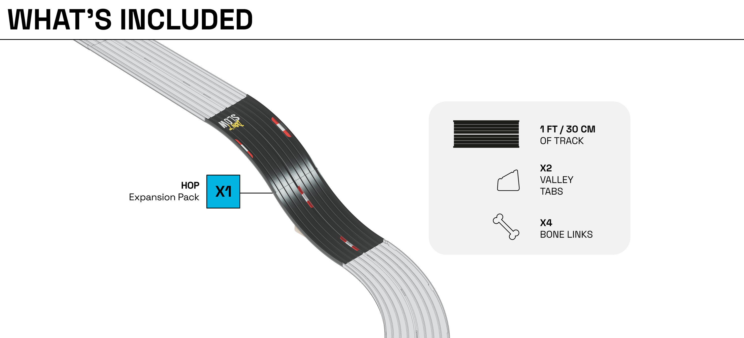 Diagram what's included in Hop Expansion Pack; quantities of inclusions and dimensions of track