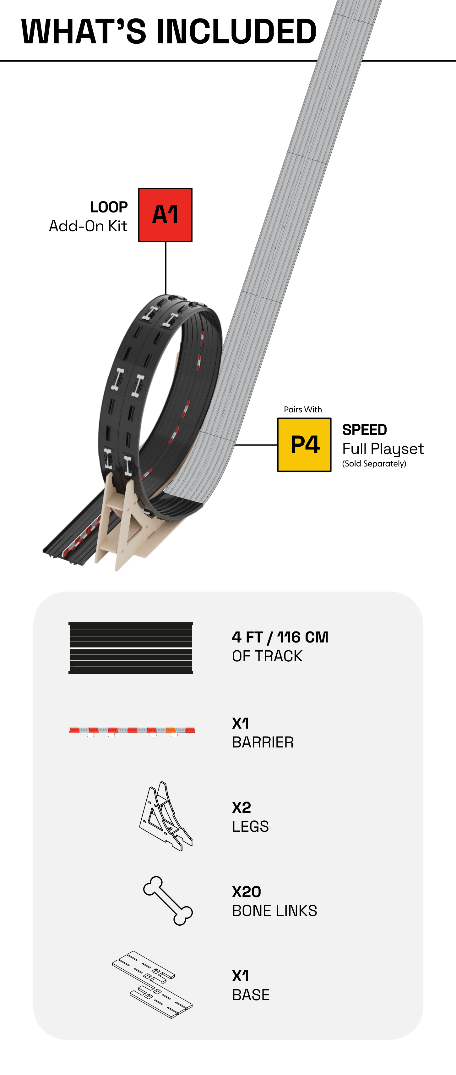 Mobile ver. of diagram what's included in Loop Add-on Kit; quantities of inclusions and dimensions of track