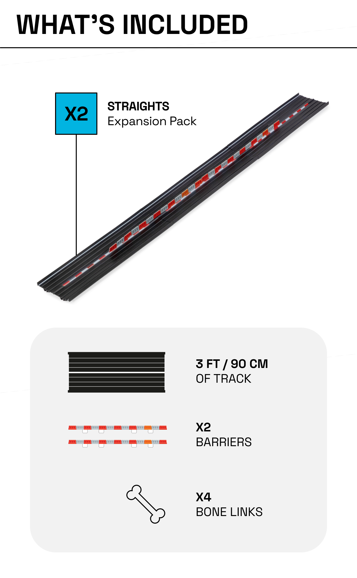 Mobile ver. of diagram what's included in Straights Expansion Pack; quantities of inclusions and dimensions of track