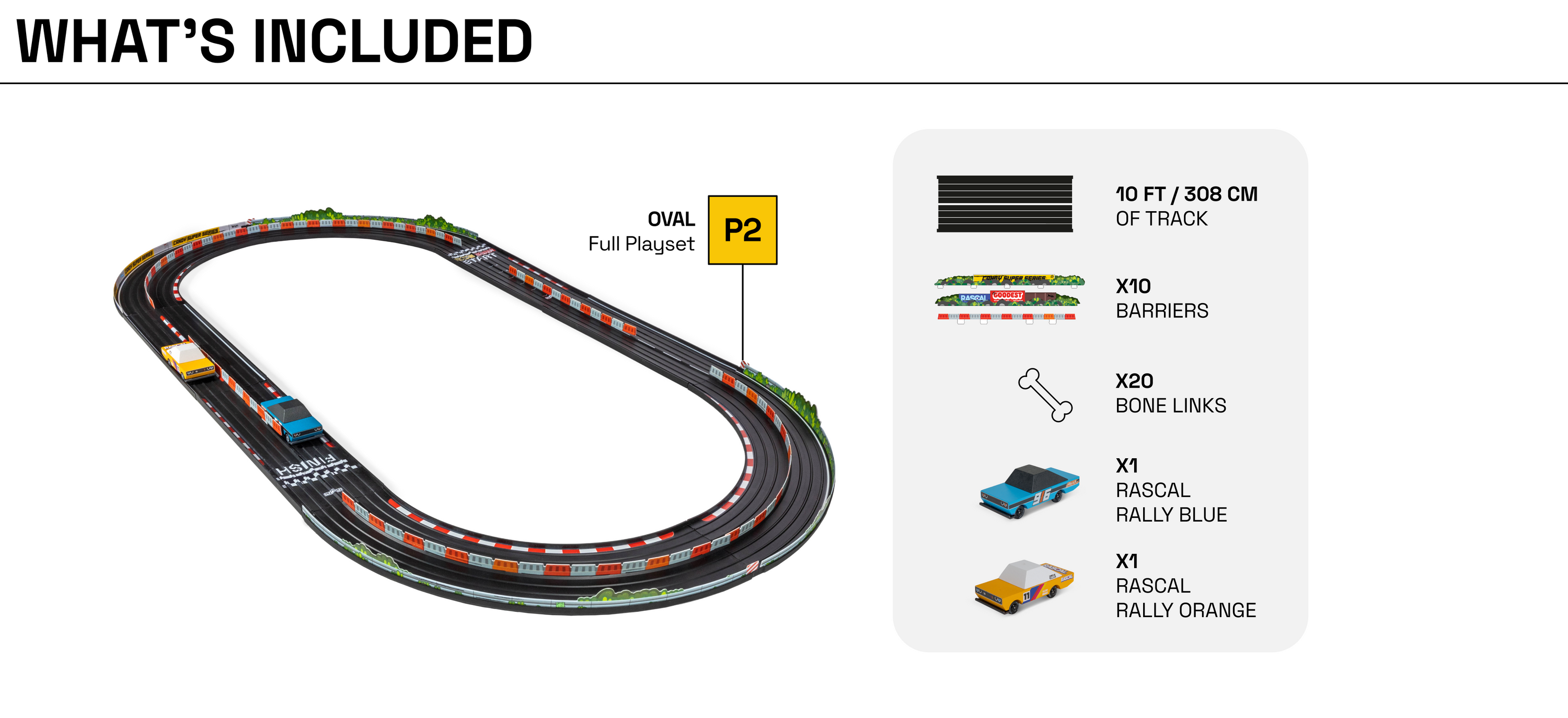 Diagram of what's included in Oval Playset; quantities of inclusions and dimensions of track