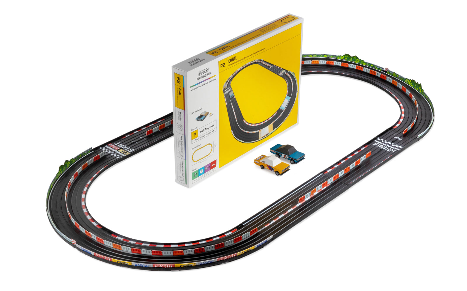 Image of Oval Playset with packaging box and Rascal Rally Orange and Blue Toon cars against white background