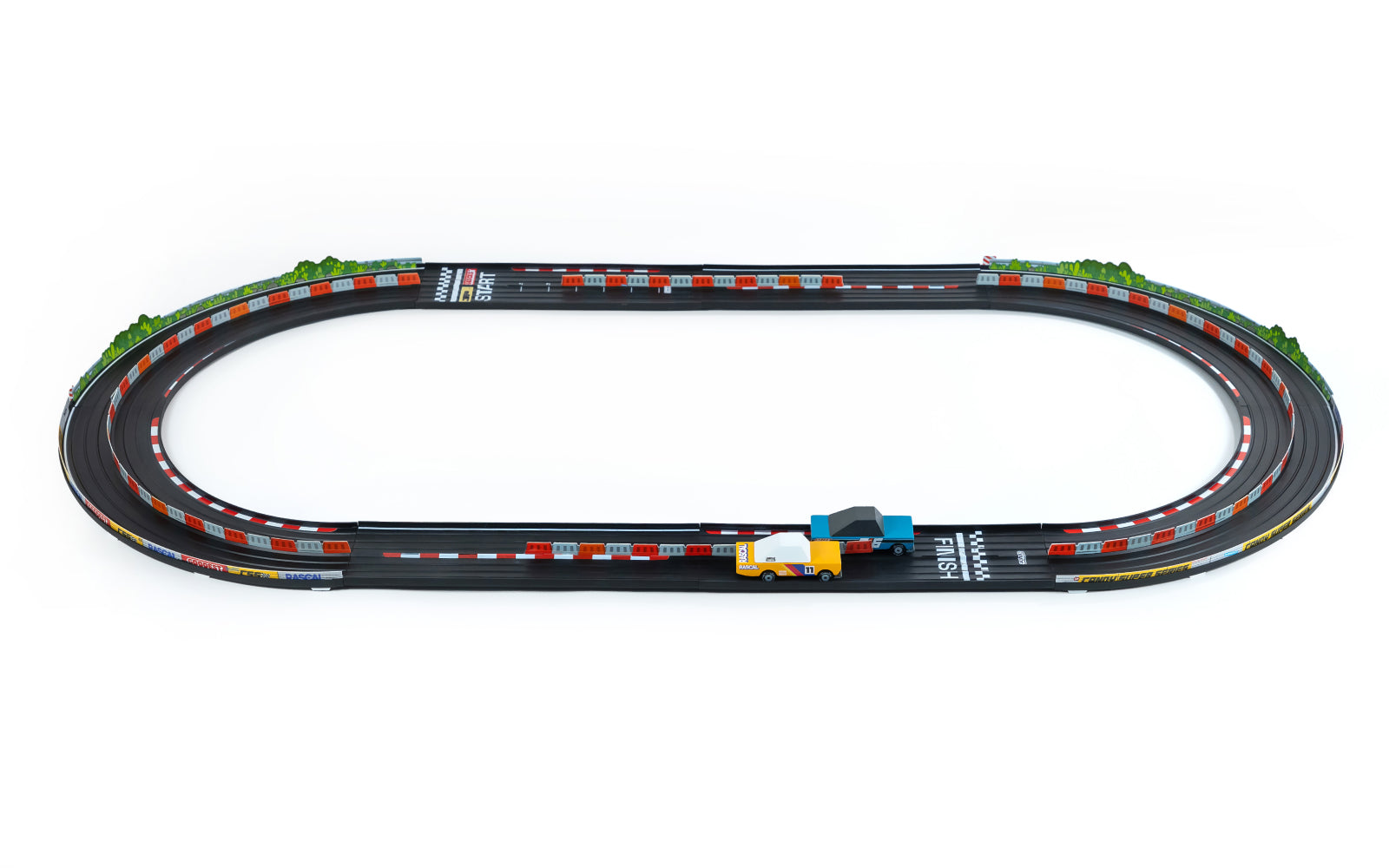 Image of Oval Playset with Rascal Rally Orange and Blue Toon cars against white background