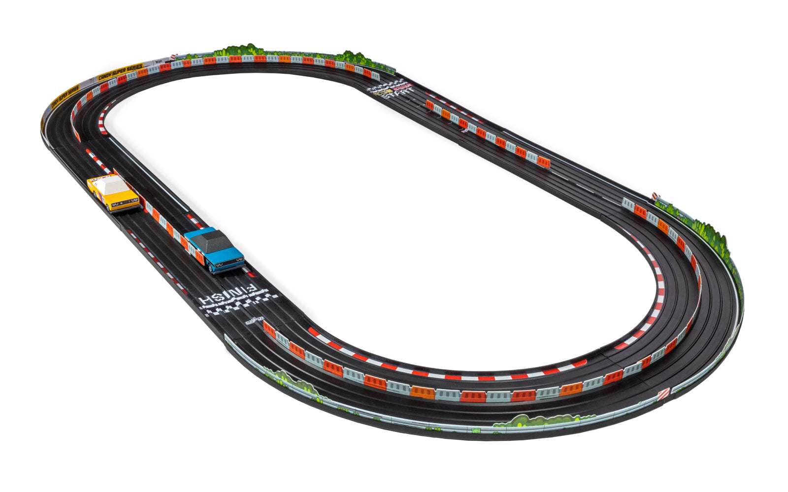Image of Oval Playset with Rascal Rally Orange and Blue Toon cars against white background