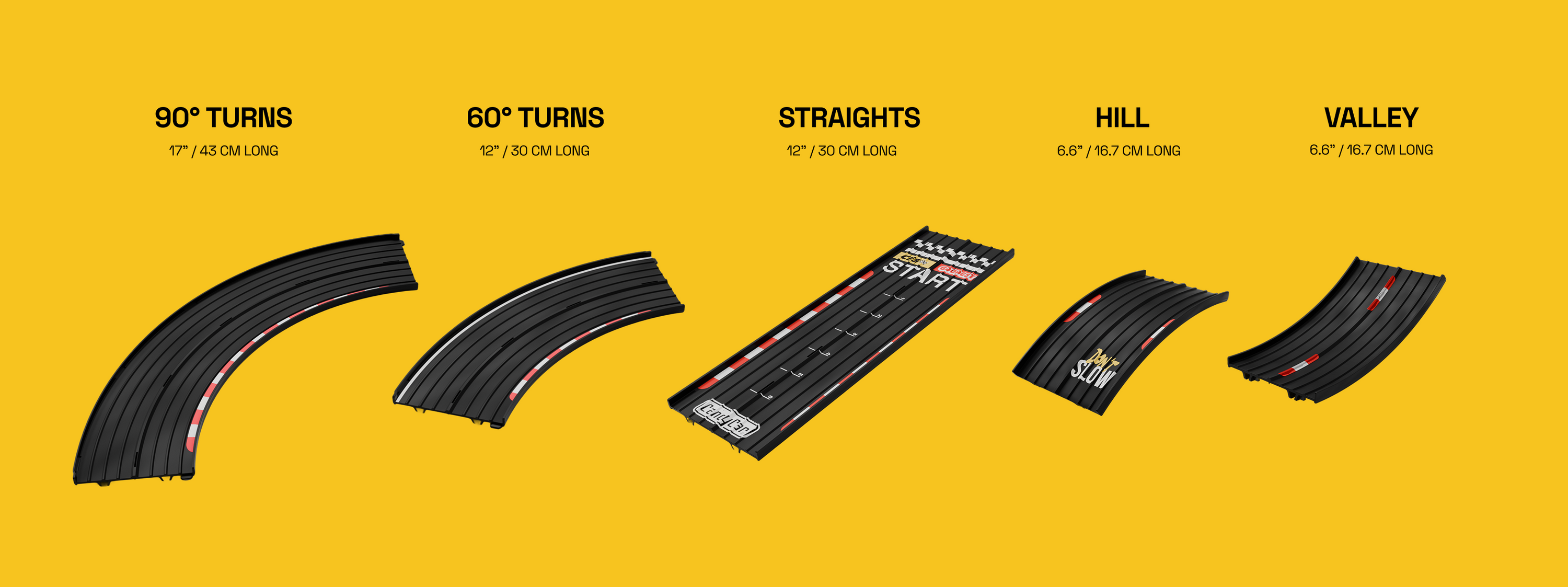 All expansion packs on yellow background with labels and dimensions
