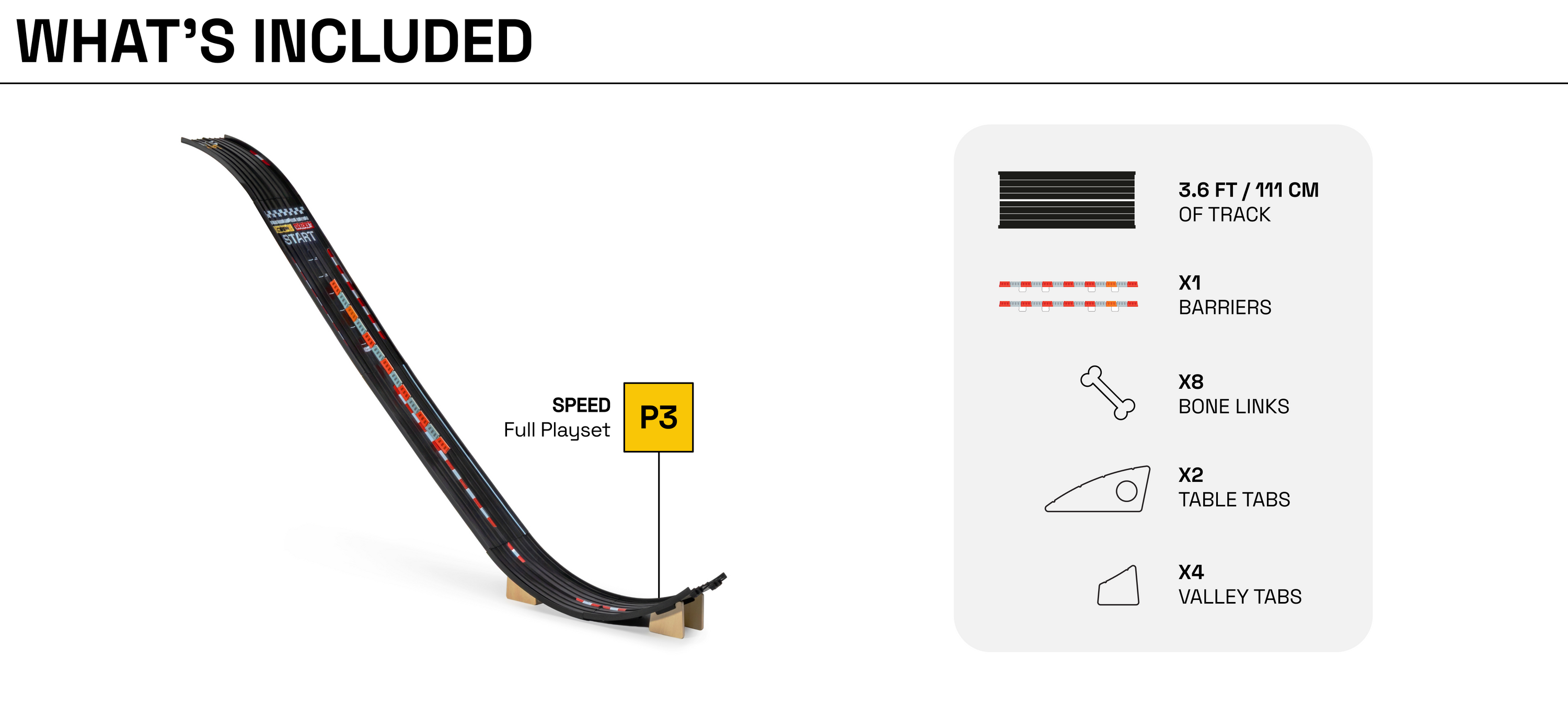 Diagram of what's included in Speed Playset; quantities of inclusions and dimensions of track