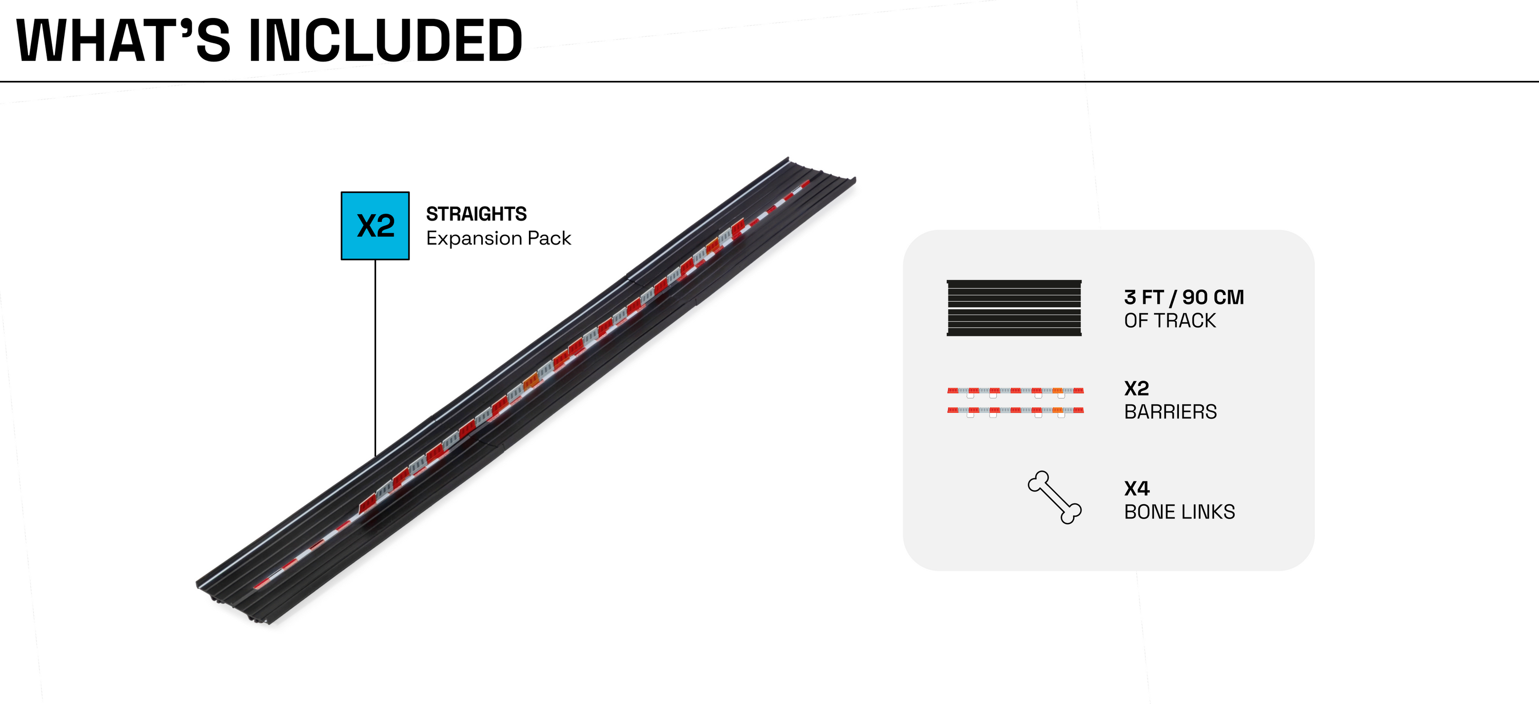 Diagram what's included in Straights Expansion Pack; quantities of inclusions and dimensions of track