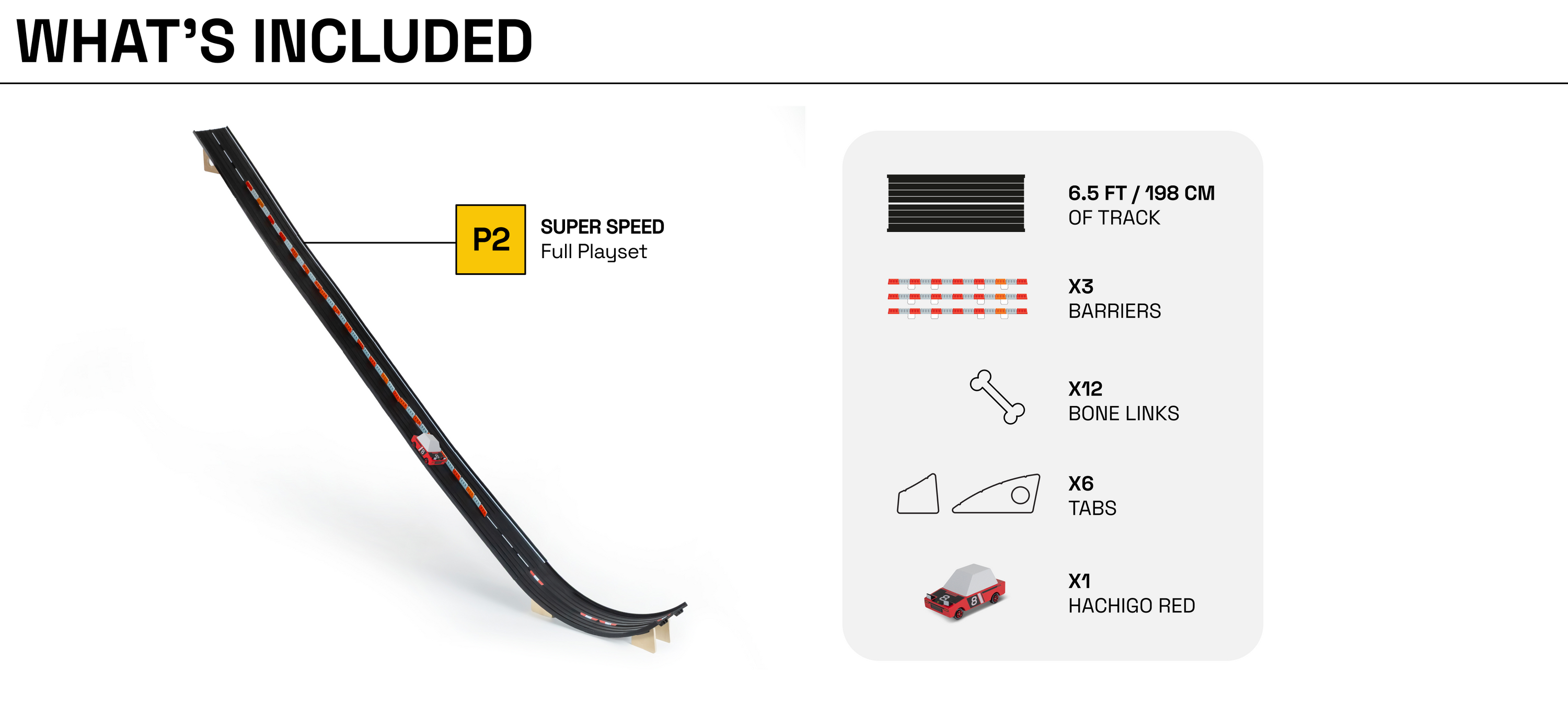 Diagram of what's included in Super Speed Playset; quantities of inclusions and dimensions of track